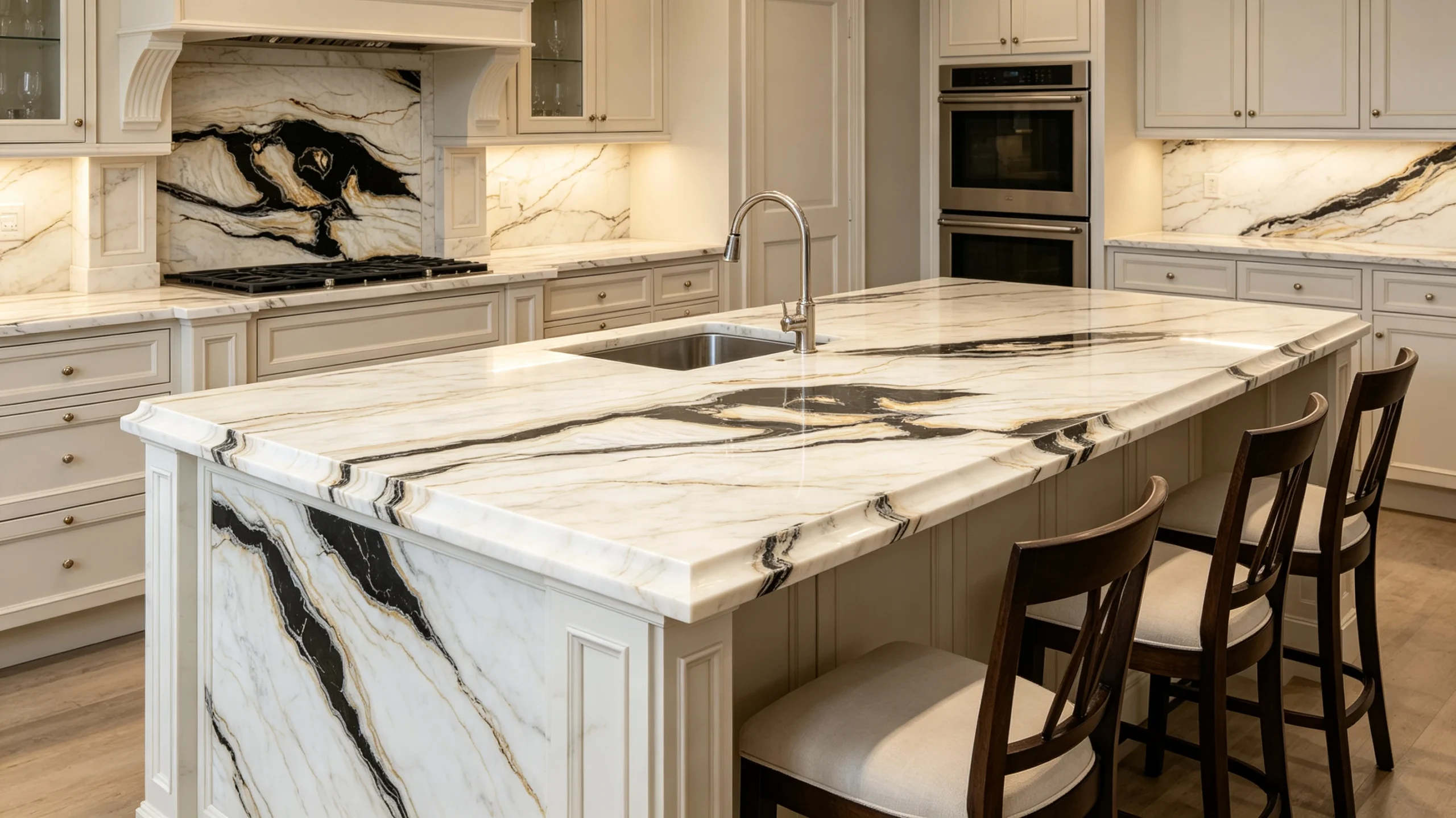 Bianco Nero Oro Marble Kitchen Island