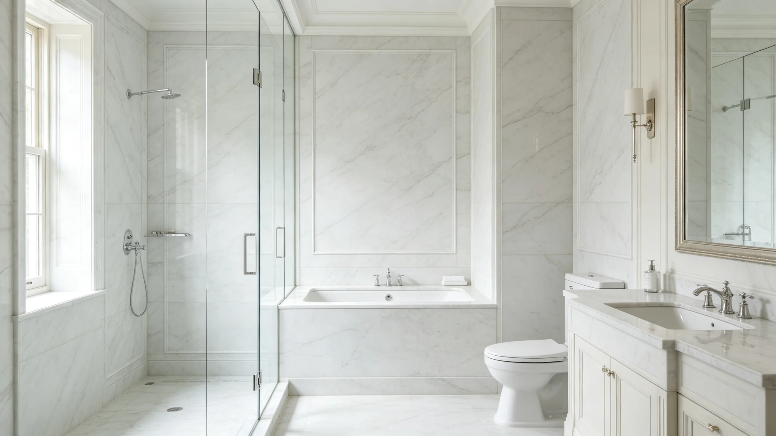 Bianco Neve Marble Bathroom Wall