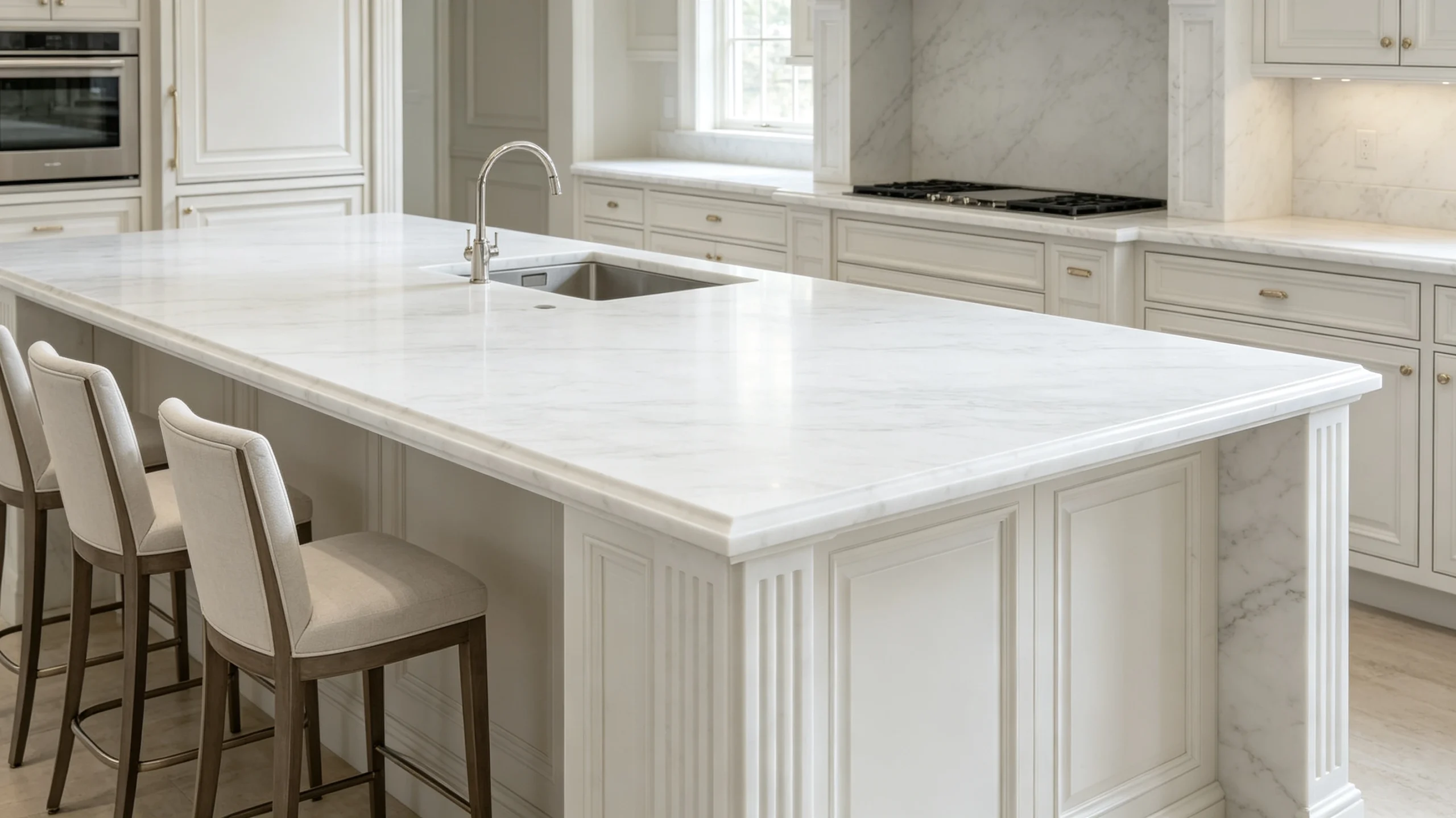 Bianco Neve Marble Kitchen Island
