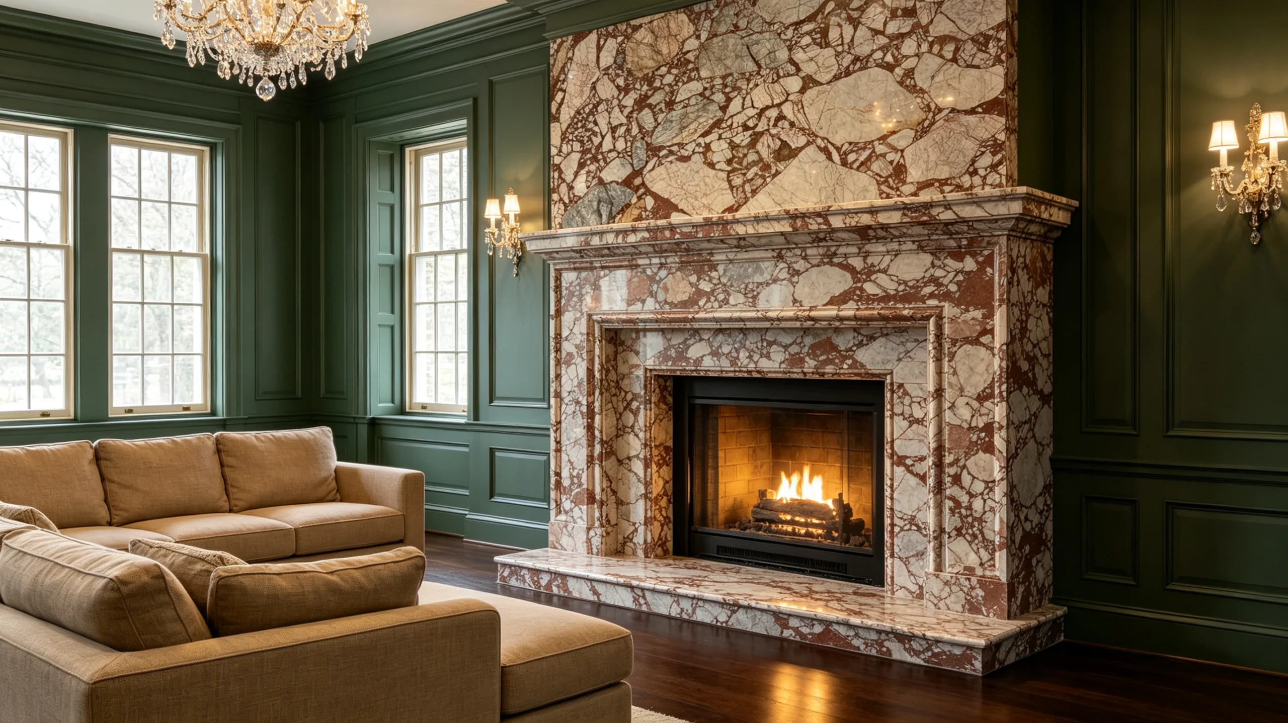 Calacatta Arabescato Rosso Stone Basyx Marble Fireplace Surround