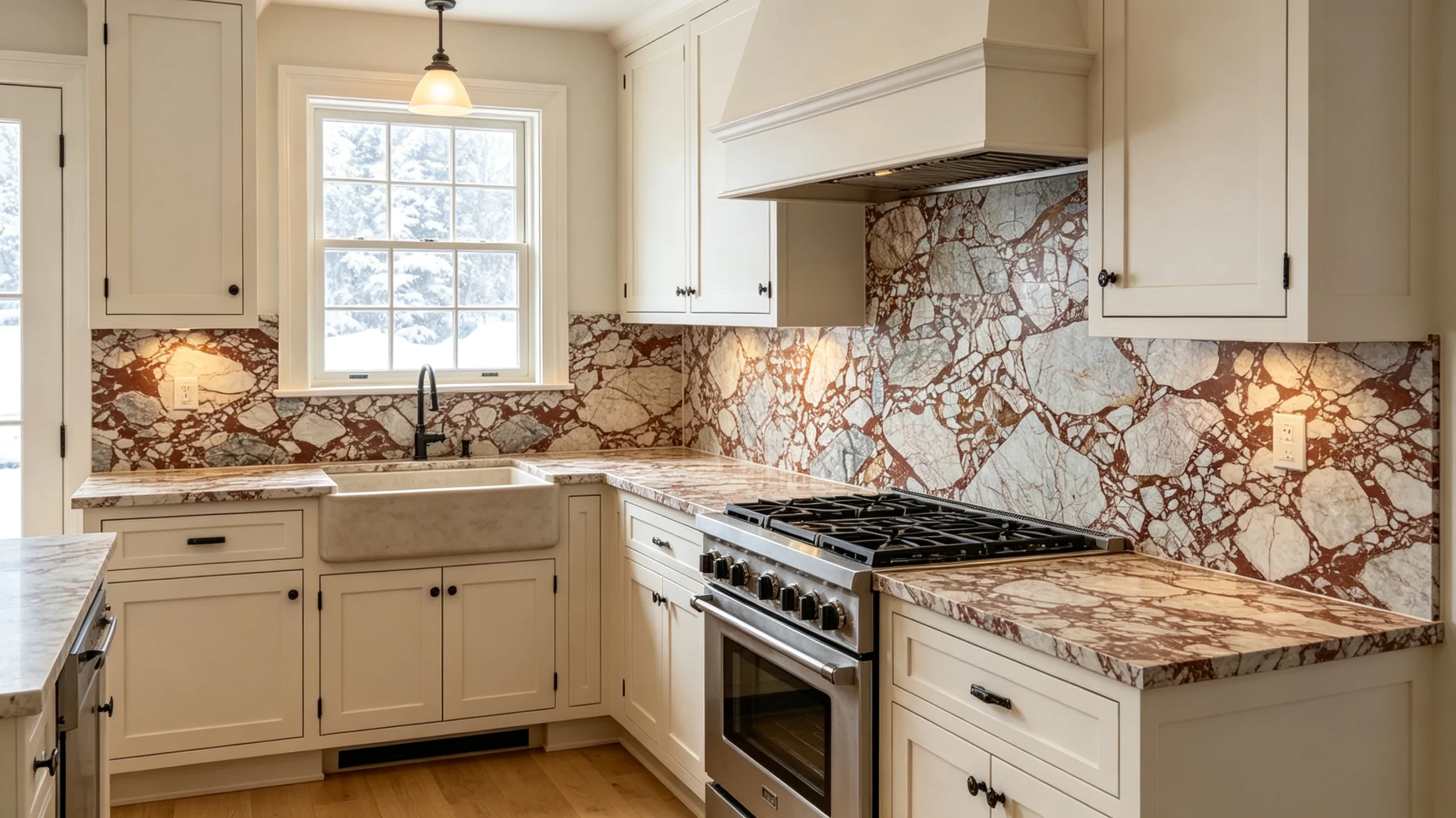 Calacatta Arabescato Rosso Stone Basyx Marble Kitchen Backsplash