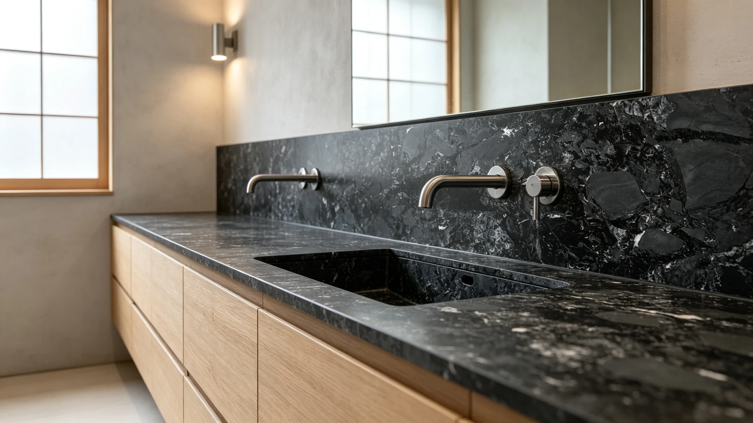Calacatta Black Vitoria Stone Bathroom Backsplash