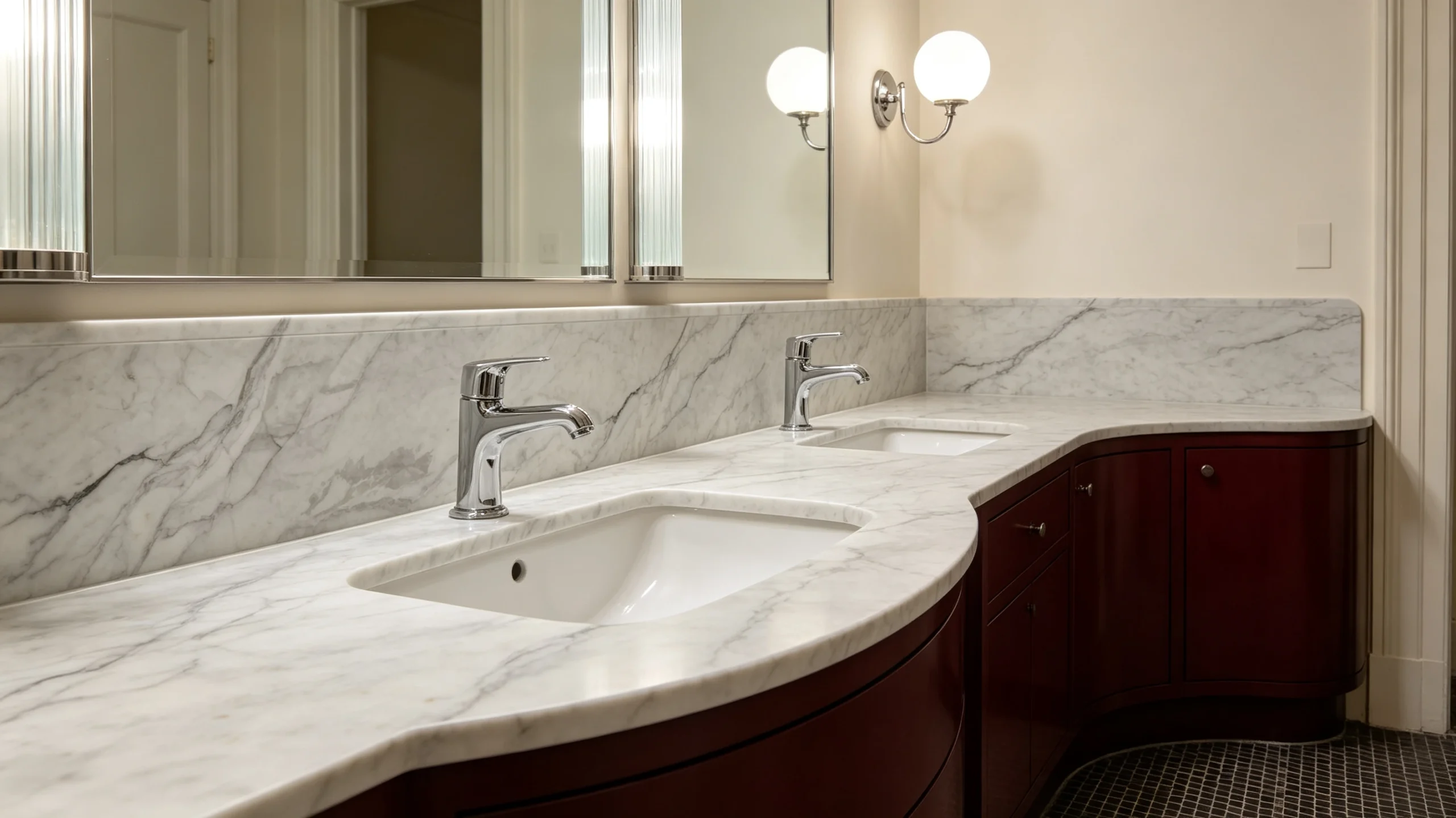 Calacatta Camouflage Honed Stone Basyx Marble Bathroom Backsplash