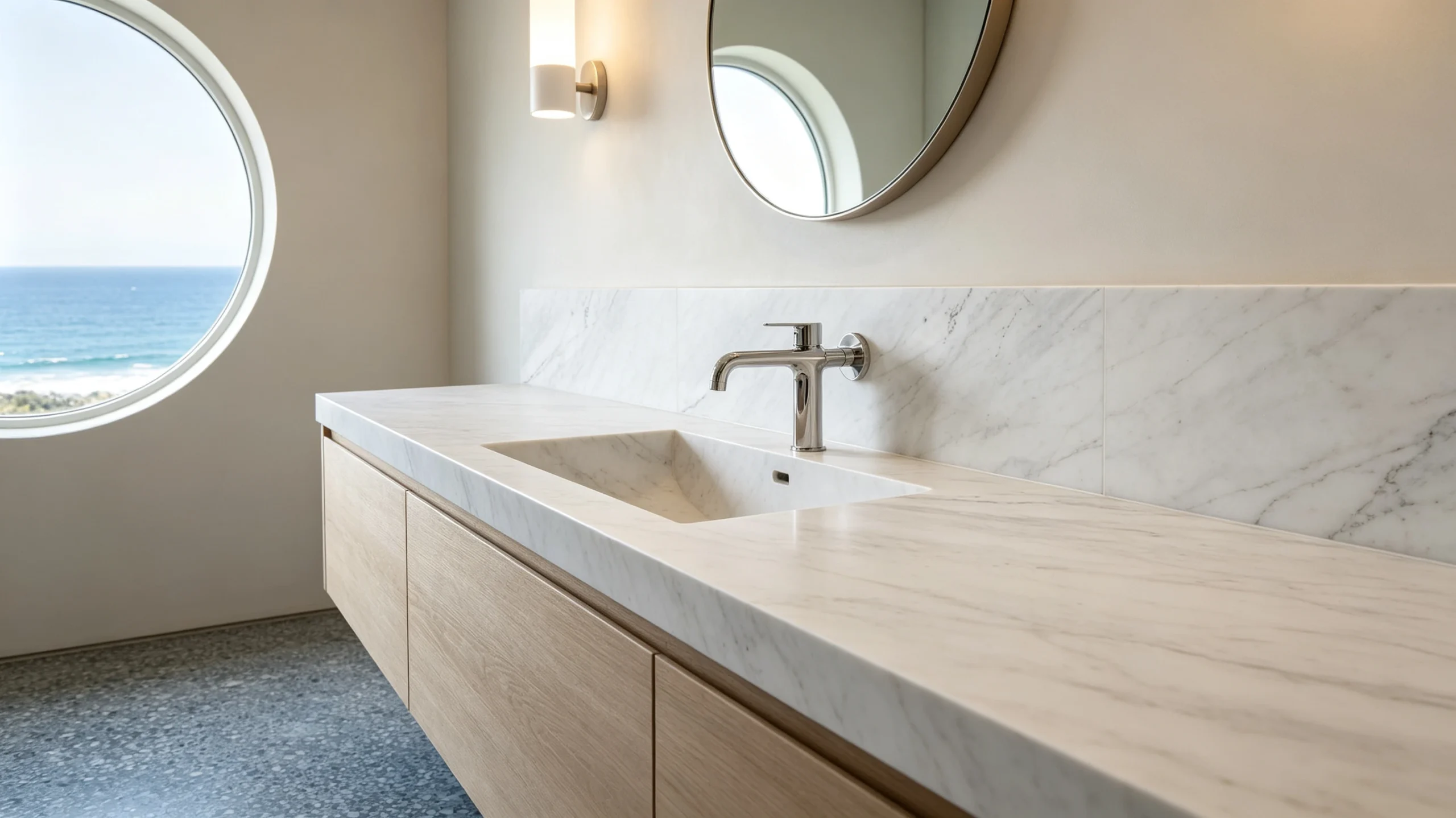 Calacatta Castelo Stone Basyx Marble Bathroom Backsplash