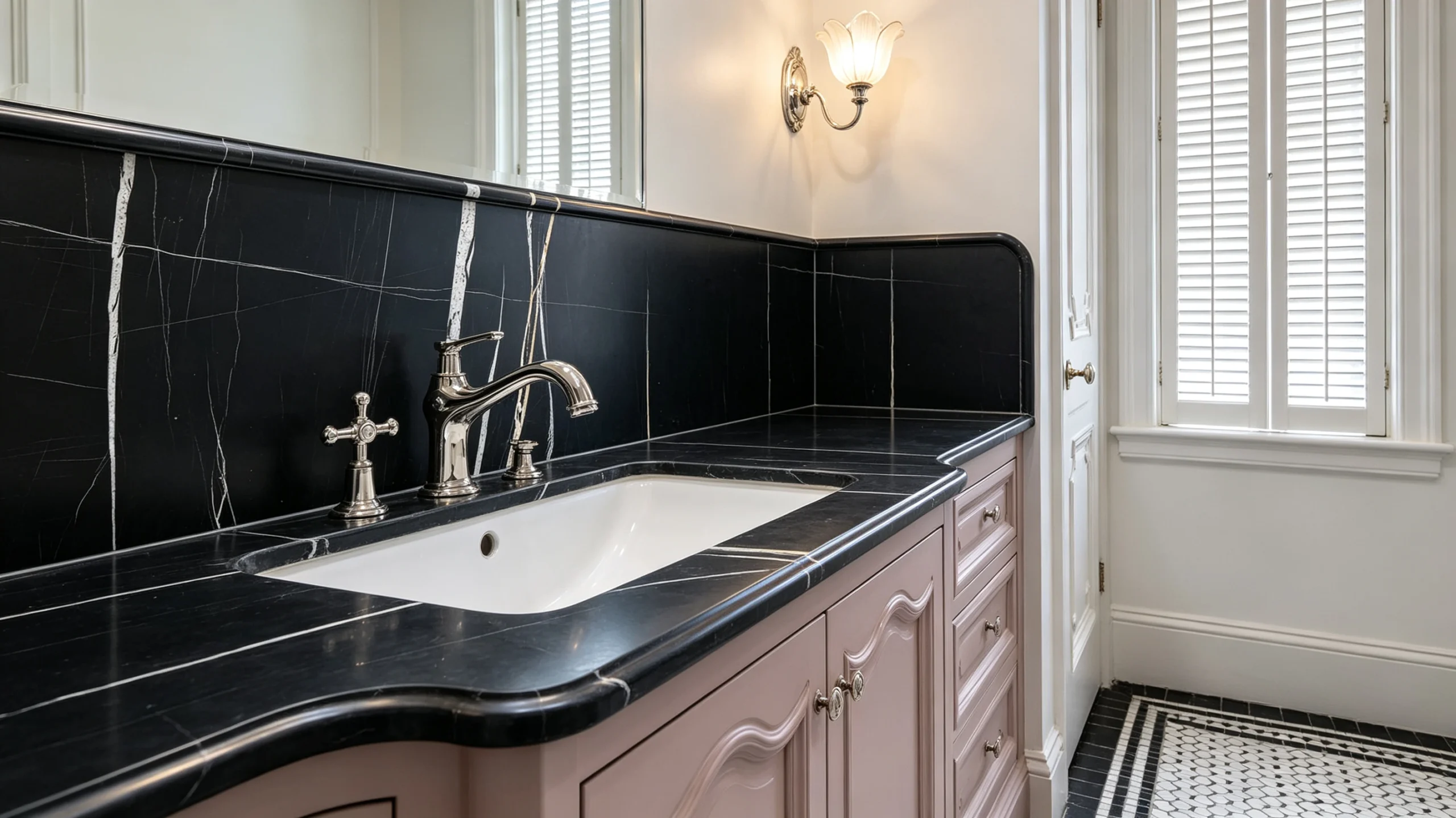 Calacatta Sahara Noir Stone Basyx Marble Bathroom Backsplash