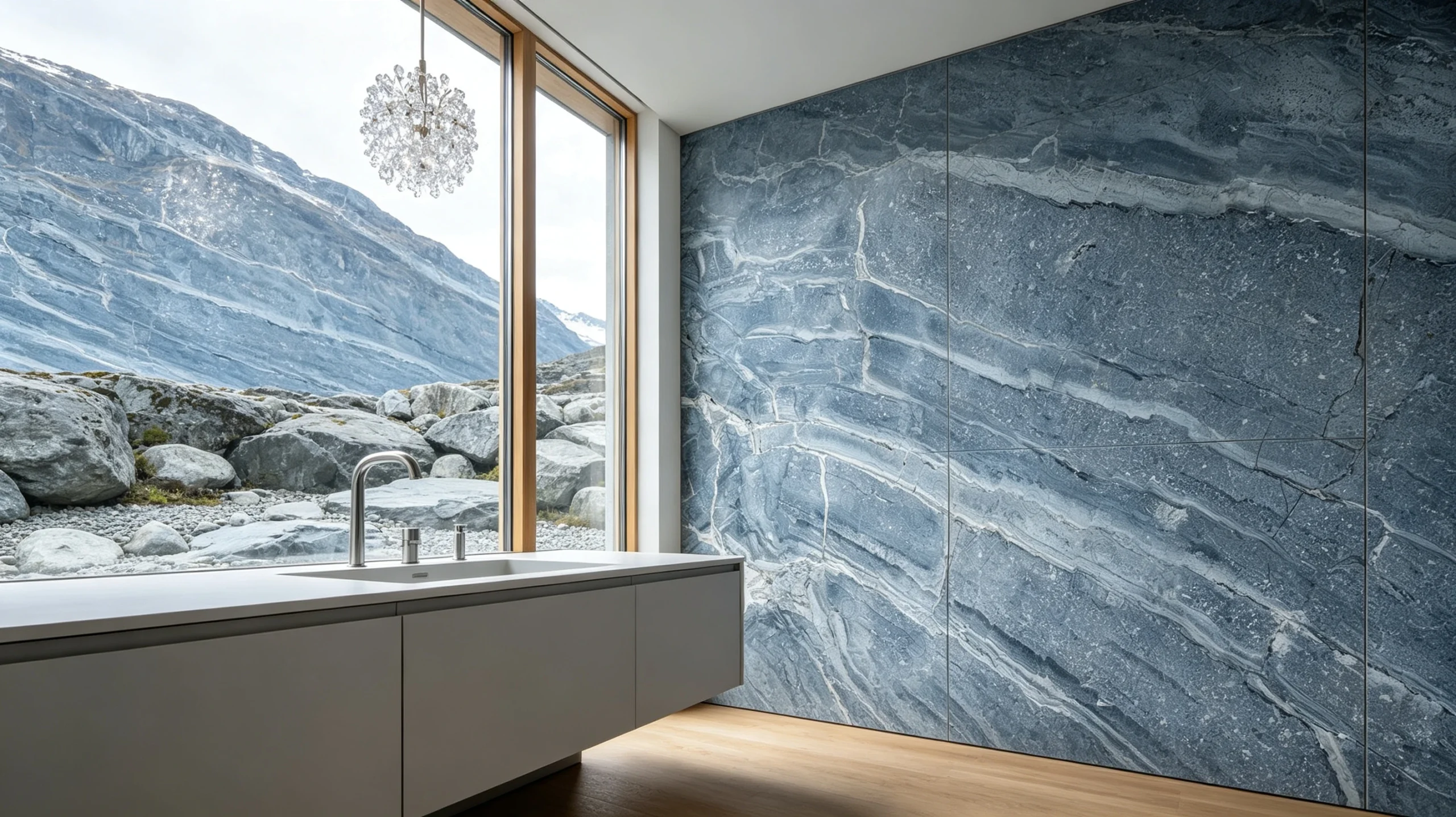 Dover Blue Honed Stone Basyx Marble Bathroom Wall