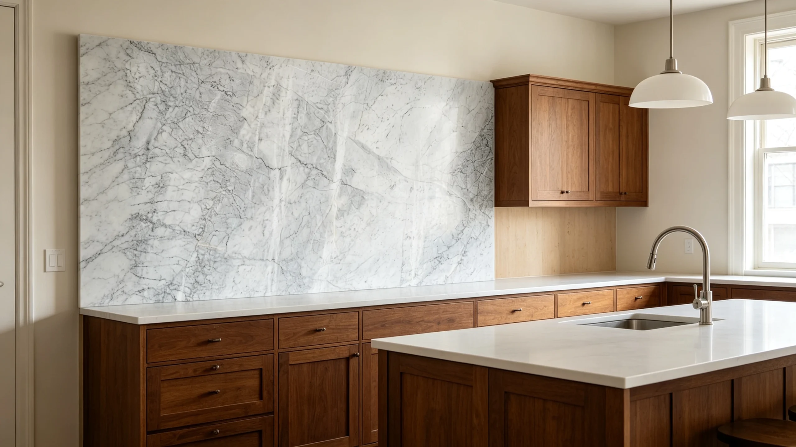White Carrara Extra Marble Kitchen Backsplash
