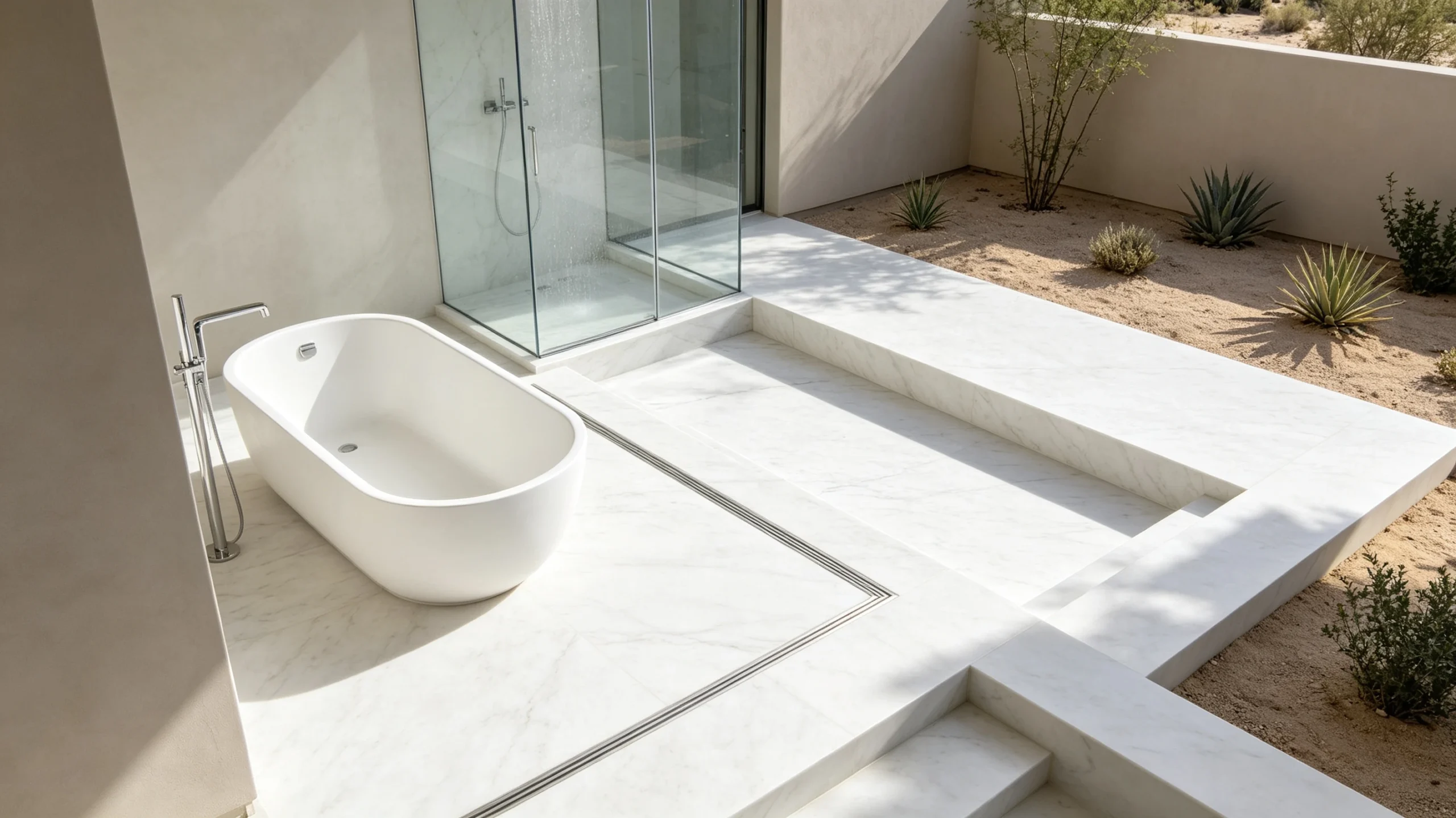 White Carrara Honed Marble Bathroom Floor
