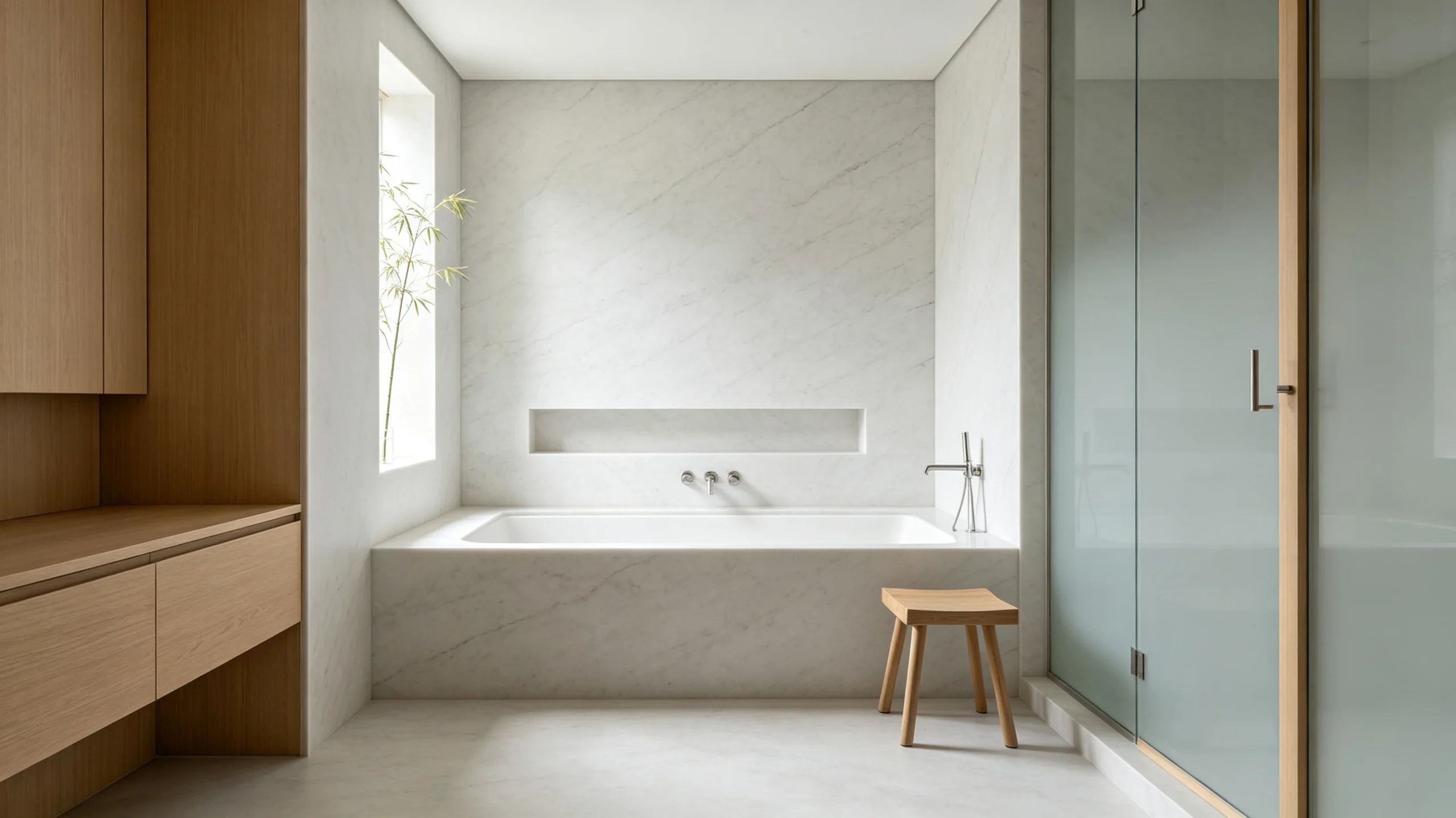 White Carrara Honed Marble Bathroom Wall