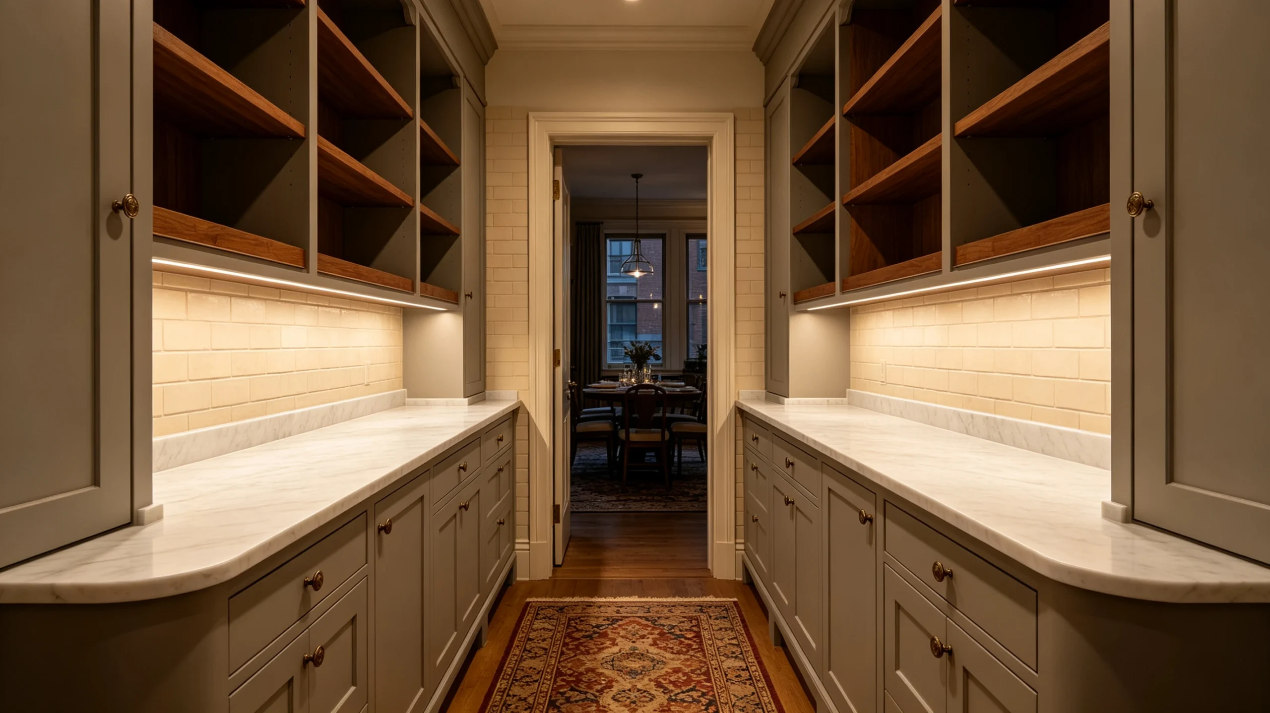 White Carrara Honed Marble Butler Pantry