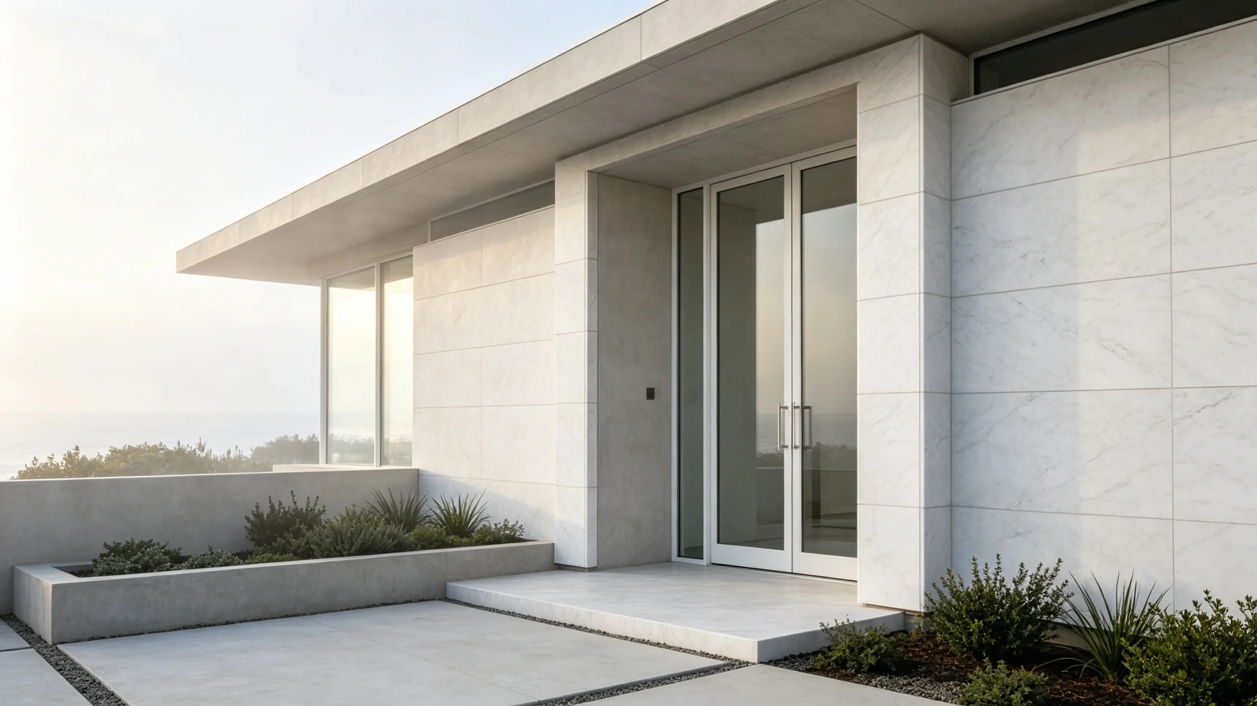 White Carrara Honed Marble Exterior Elevation