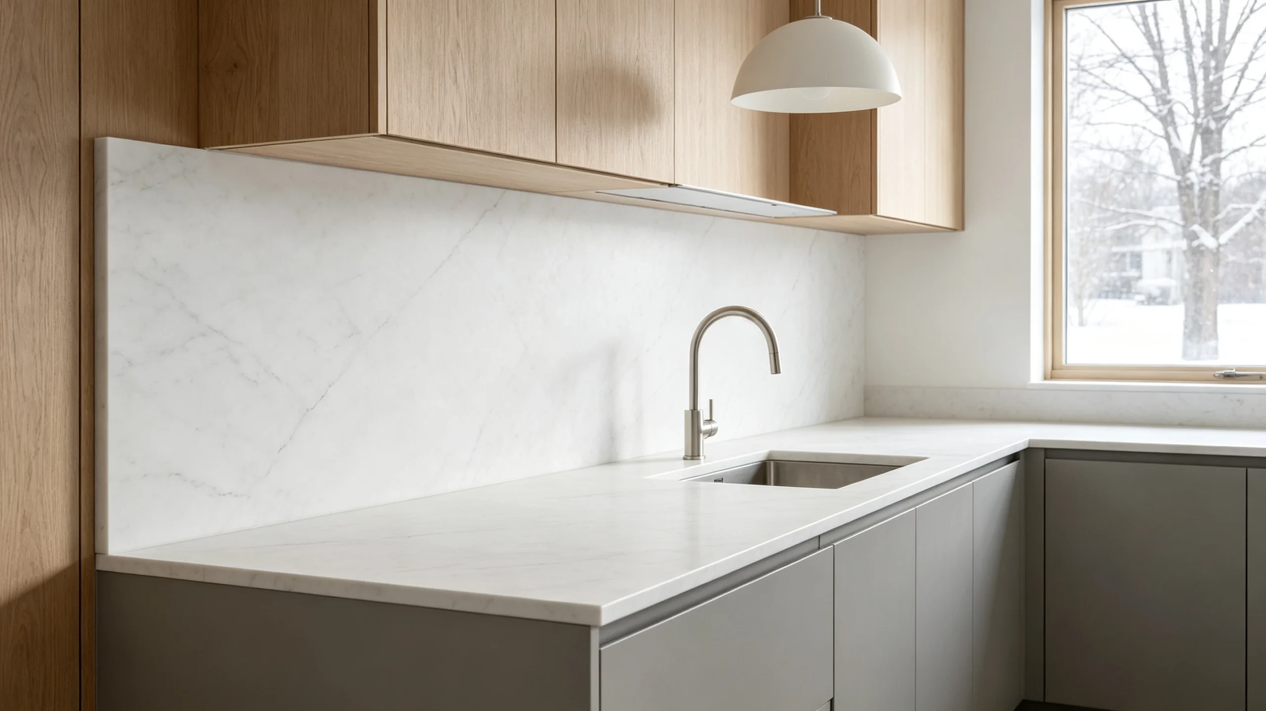 White Carrara Honed Marble Kitchen Backsplash
