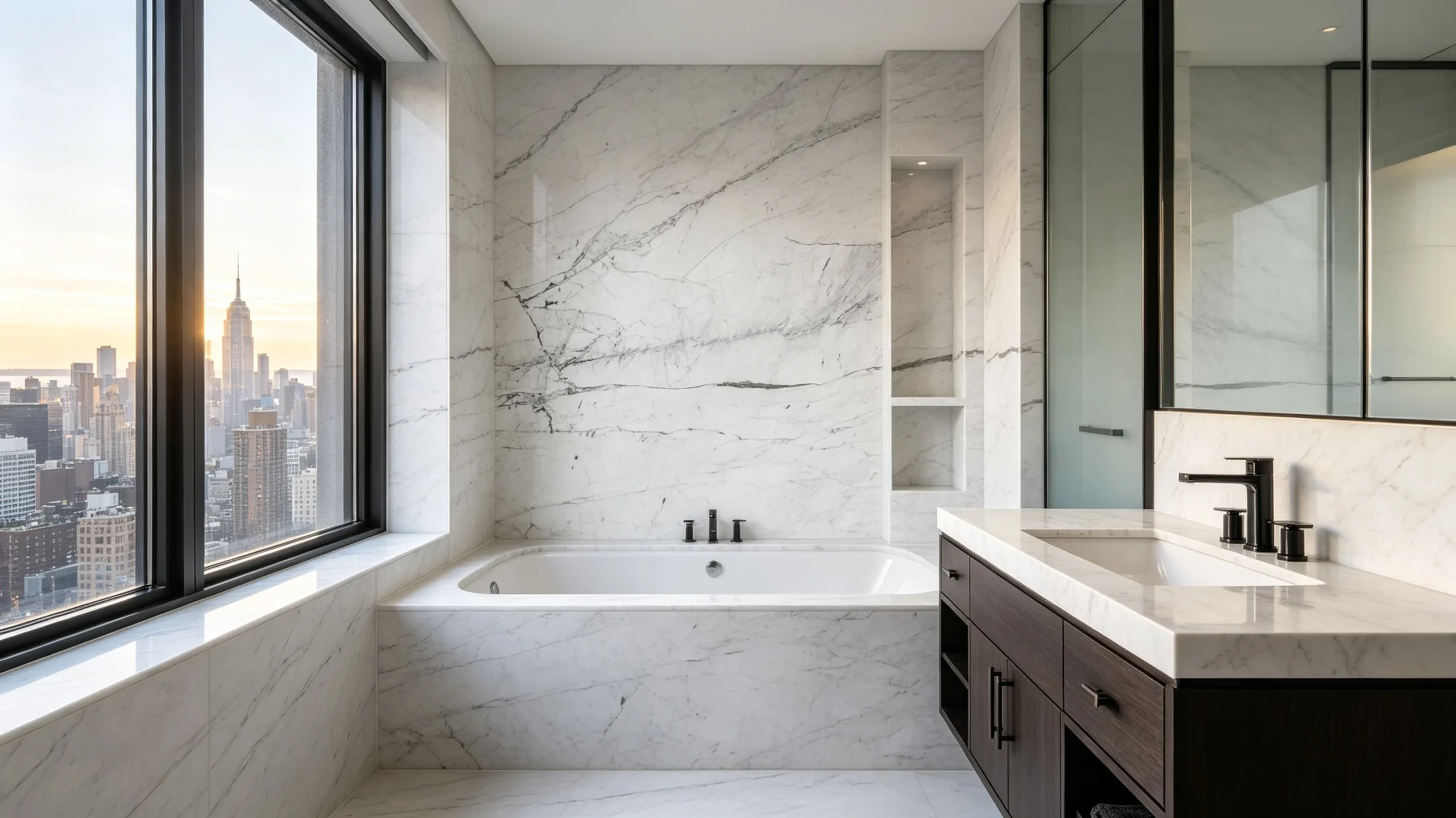 White Carrara Silver Marble Bathroom Wall